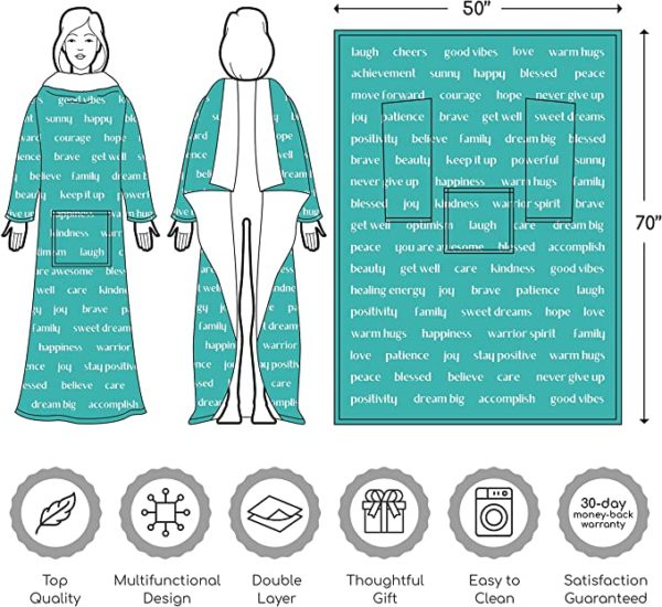 Wearable Healing Thoughts Blanket by illiati, Sherpa Fleece Throw Blanket, After Surgery Gifts, Breast Cancer Blanket, Inspirational Uplifting Get Well Soon Gift for Women Men, Teal Blanket